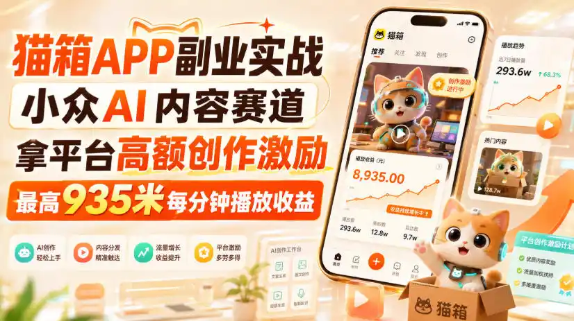 猫箱APP副业实战，小众AI内容赛道，拿平台高额创作激励，最高935米每分钟播放收益-副业淘金网