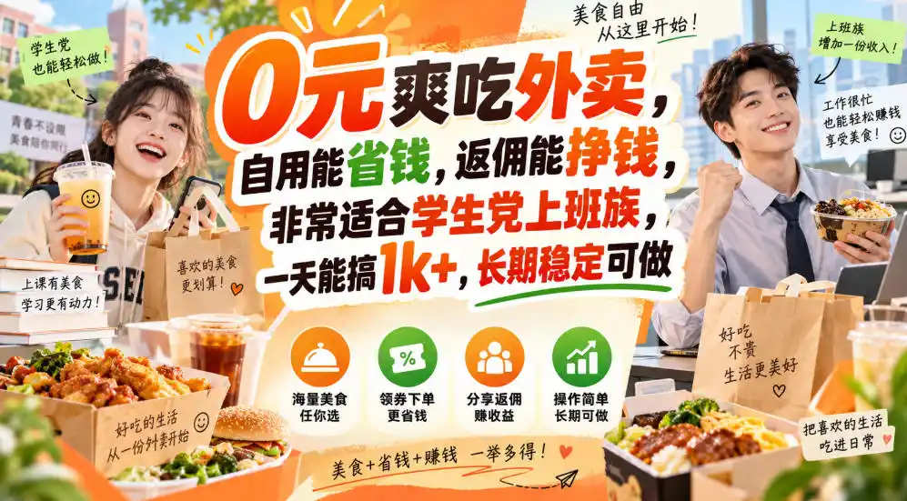 0元爽吃外卖，自用能省钱，返佣能挣钱，非常适合学生党上班族，一天能搞1k+，长期稳定可做-副业淘金网