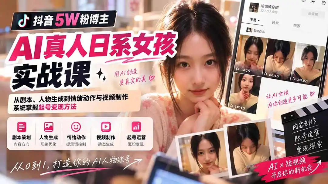 抖音5W粉博主AI真人日系女孩实战课：从剧本、人物生成到情绪动作与视频制作，系统掌握起号变现方法-副业淘金网