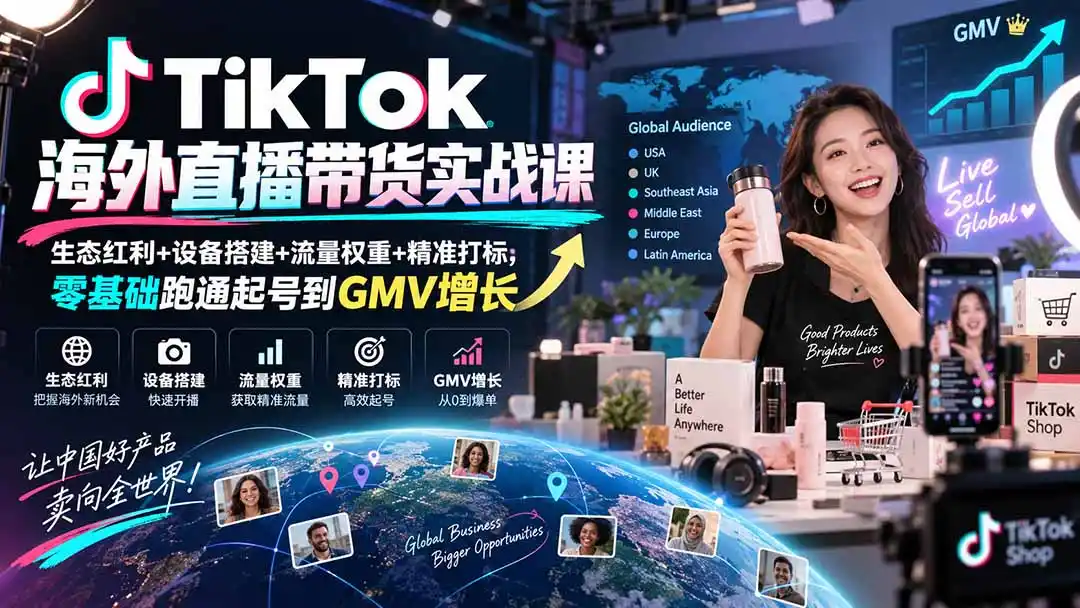 TikTok海外直播带货实战课｜生态红利+设备搭建+流量权重+精准打标，零基础跑通起号到GMV增长-副业淘金网