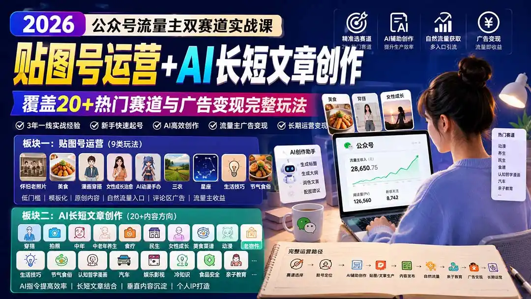 公众号流量主双赛道实战课：贴图号运营+AI长短文章创作，覆盖20+热门赛道与广告变现完整玩法-副业淘金网