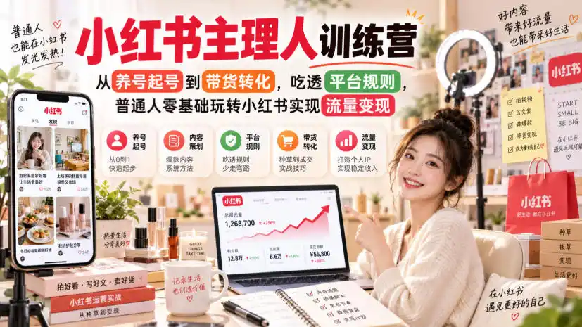 小红书主理人训练营，从养号起号到带货转化，吃透平台规则，普通人零基础玩转小红书实现流量变现-副业淘金网