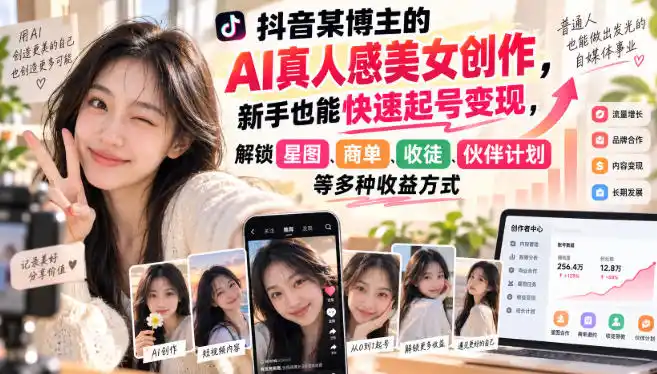 抖音某博主的AI真人感美女创作，新手也能快速起号变现，解锁星图，商单，收徒，伙伴计划等多种收益方式-副业淘金网