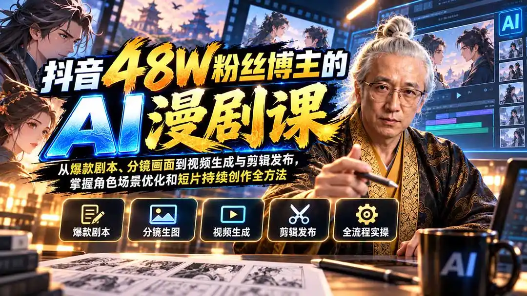 抖音48W粉丝博主的AI漫剧课：从爆款剧本、分镜画面到视频生成与剪辑发布，掌握角色场景优化和短片持续创作全方法-副业淘金网