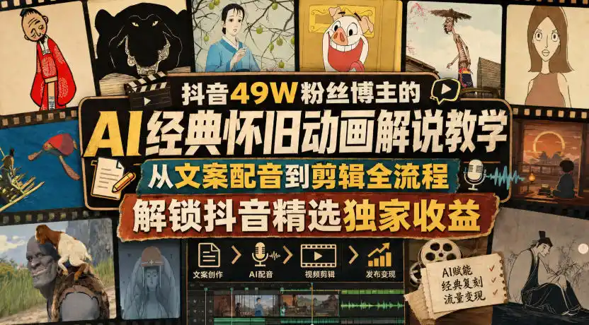 抖音49W粉丝博主的AI经典怀旧动画解说教学，从文案配音到剪辑全流程，解锁抖音精选独家收益-副业淘金网