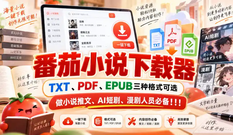 番茄小说下载器，TXT、PDF、EPUB三种格式可选，做小说推文、AI短剧、漫剧人员必备！！！-副业淘金网