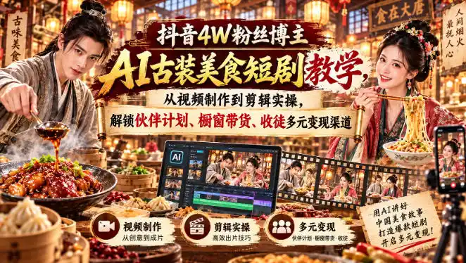 抖音4W粉丝博主AI古装美食短剧教学，从视频制作到剪辑实操，解锁伙伴计划、橱窗带货、收徒多元变现渠道-副业淘金网