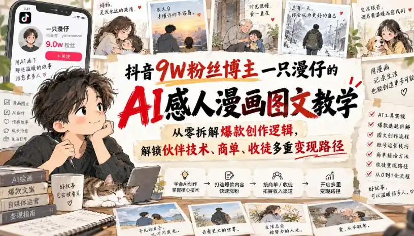 抖音9W粉丝博主一只漫仔的AI感人漫画图文教学，从零拆解爆款创作逻辑，解锁伙伴技术、商单、收徒多重变现路径-副业淘金网