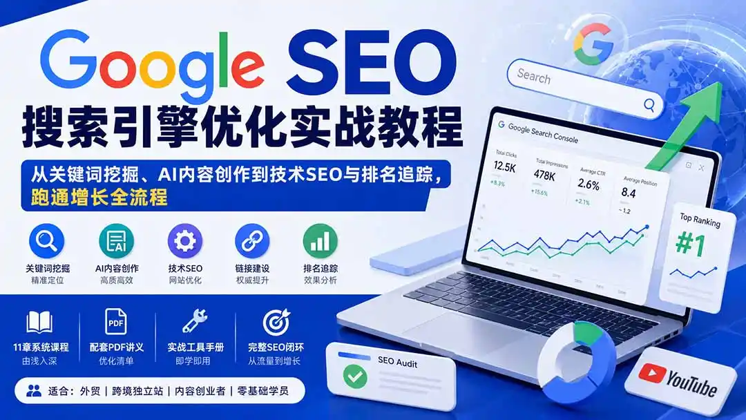 Google SEO搜索引擎优化实战教程：从关键词挖掘、AI内容创作到技术SEO与排名追踪，跑通增长全流程-副业淘金网